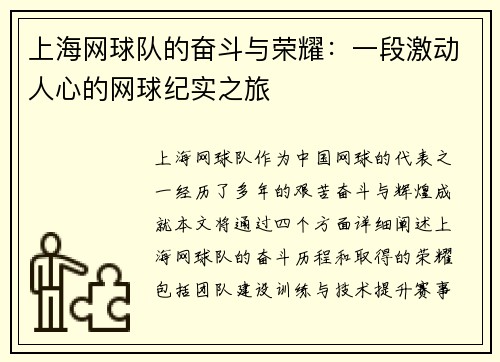 上海网球队的奋斗与荣耀：一段激动人心的网球纪实之旅